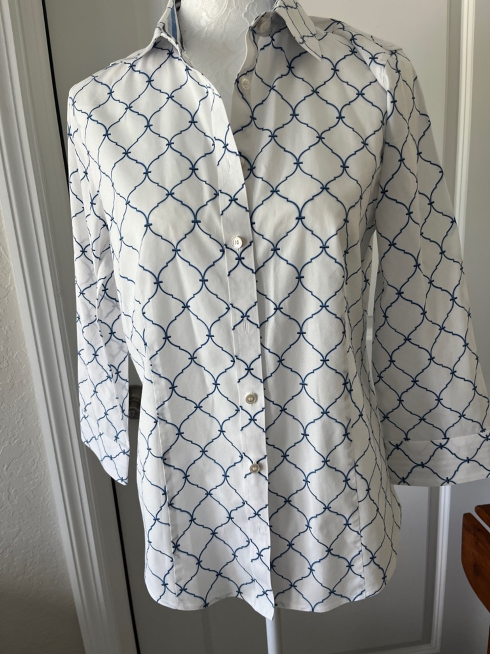 Talbots White Cotton Blouse with Blue Trim and Navy Accents
